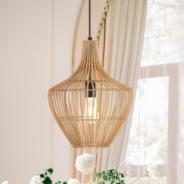 Lucas 13" Farmhouse Coastal Rattan 180" Cord Plug-In or Hardwired LED Pendant - JONATHAN Y